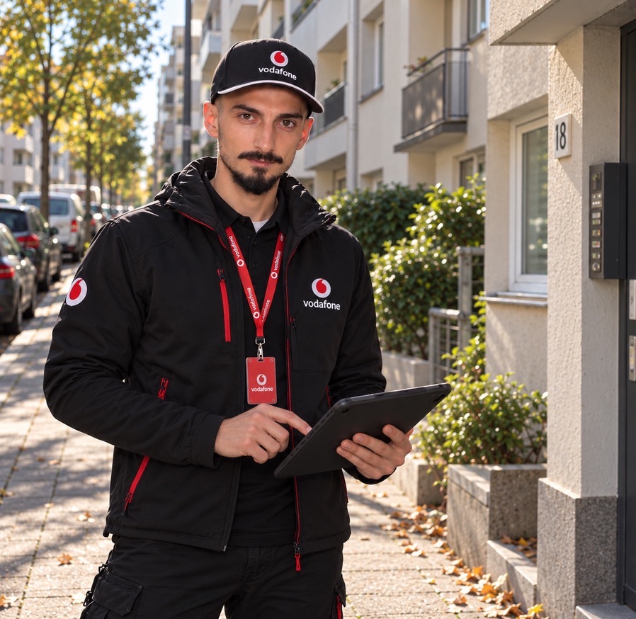 Teamleiter Mehmet Ali Onac in Vodafone-Kleidung mit Ausweis am Band und Tablet vor einem Hauseingang